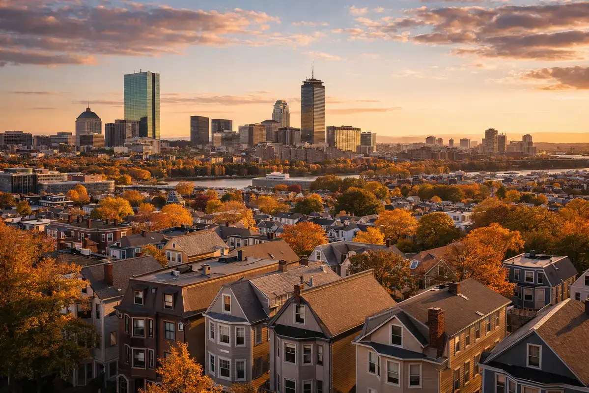 Boston skyline with residential neighborhoods showing rent vs buy housing market