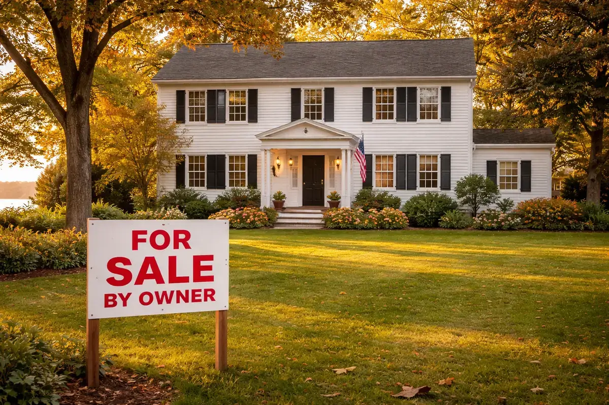 1. maine-fsbo-home-for-sale-by-owner-yard-sign Maine home with for sale by owner sign in front yard during fall season
