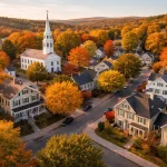 Cost Of Living In New Hampshire Vs. Maine Vs. Massachusetts In 2026 Aerial view of a New England town with autumn foliage showing residential homes