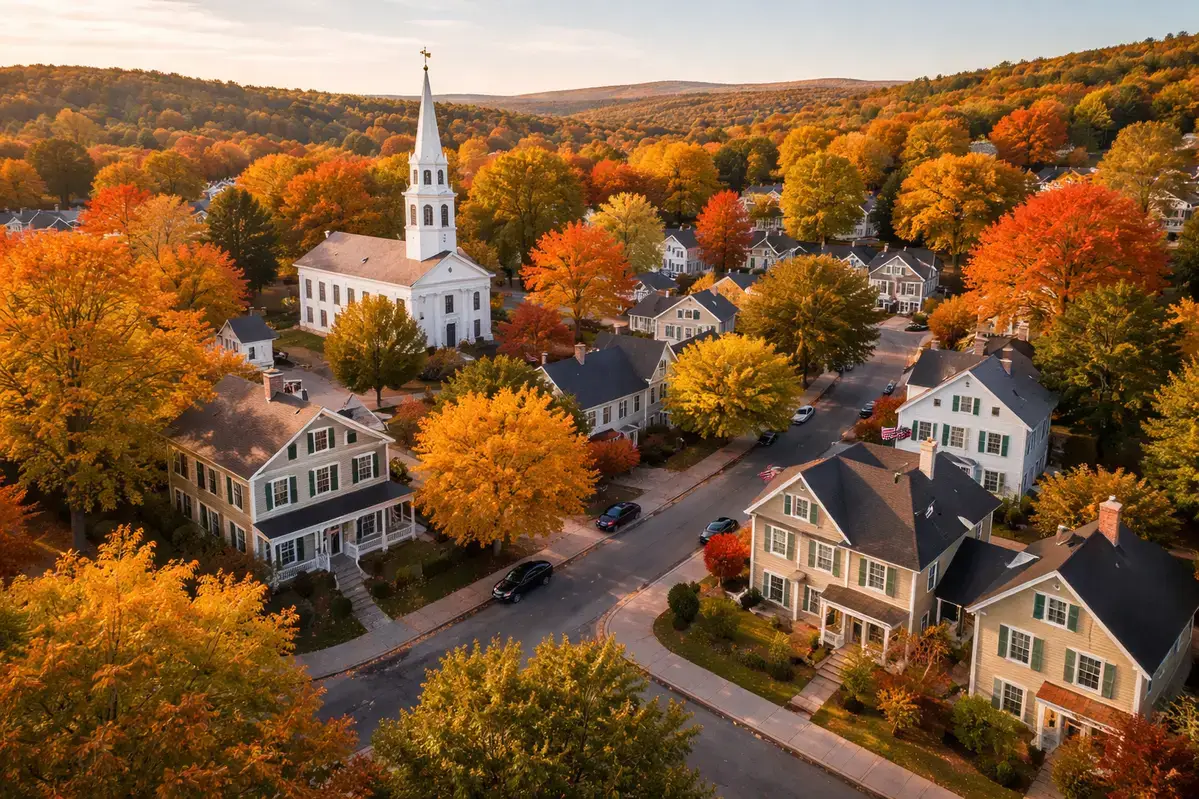 Aerial view of a New England town with autumn foliage showing residential homes