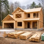 How Much Does It Cost To Build A House In New Hampshire In 2026? New house under construction in New Hampshire with framing exposed