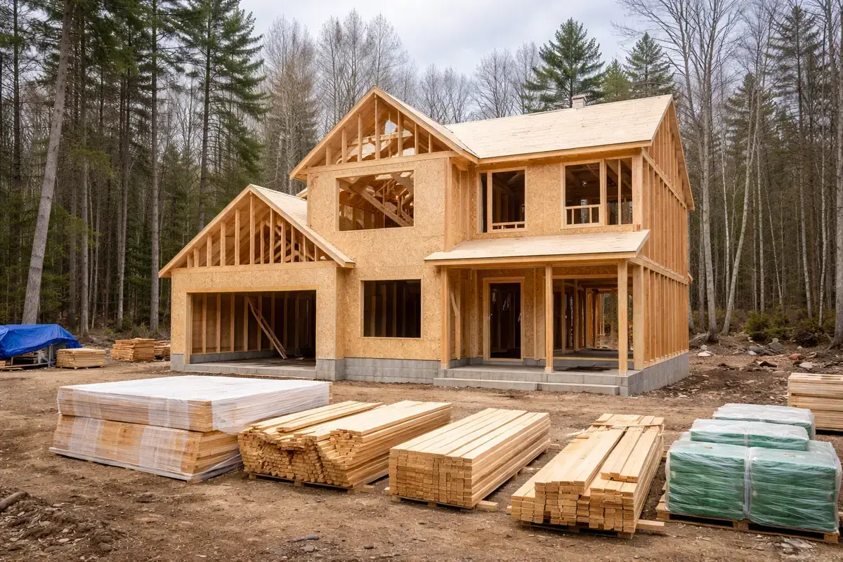 1. nh-house-construction-framing New house under construction in New Hampshire with framing exposed