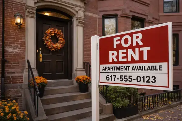 Boston brownstone apartment for rent sign in classic neighborhood