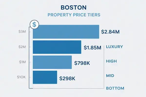 Boston home price tiers infographic by neighborhood 2026