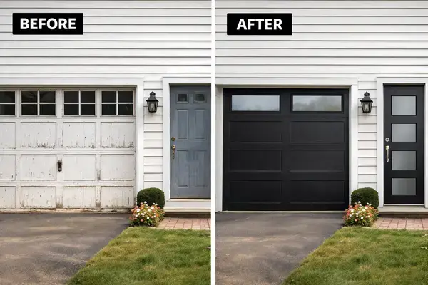 Before and after home repairs showing garage door and entry door replacement for better ROI