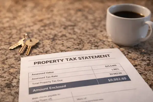 Property tax bill and house keys representing New Hampshire homeownership costs