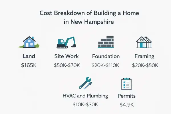 Cost breakdown infographic for building a home in New Hampshire 2026