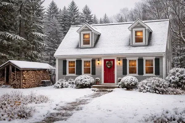 Affordable single-family home in rural Maine with firewood and forest backdrop