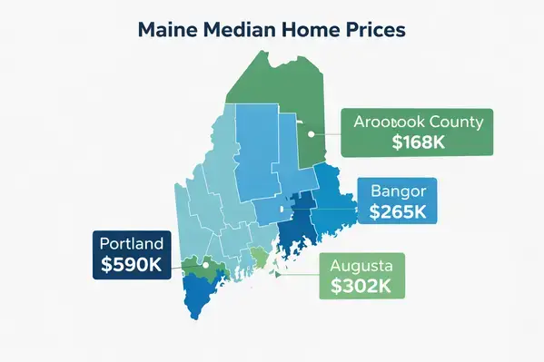 Map of Maine showing median home prices by region including Portland Bangor and Augusta