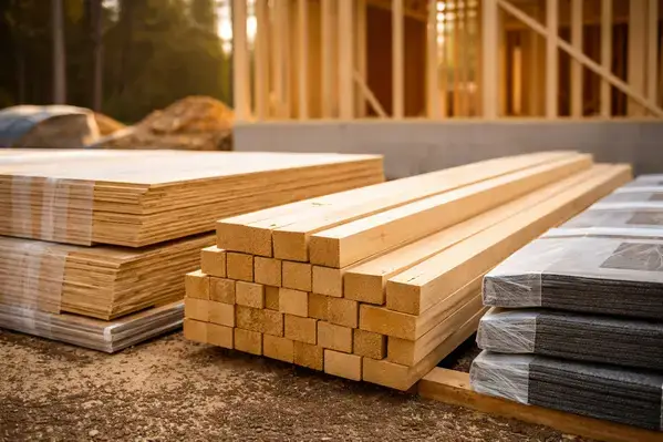 Lumber and roofing materials stacked at a New Hampshire construction site