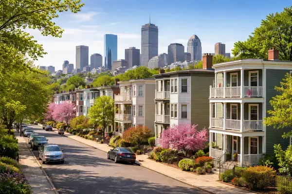 Boston residential neighborhood with triple-decker homes and downtown skyline