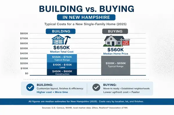 New Hampshire building vs buying cost comparison infographic 2026