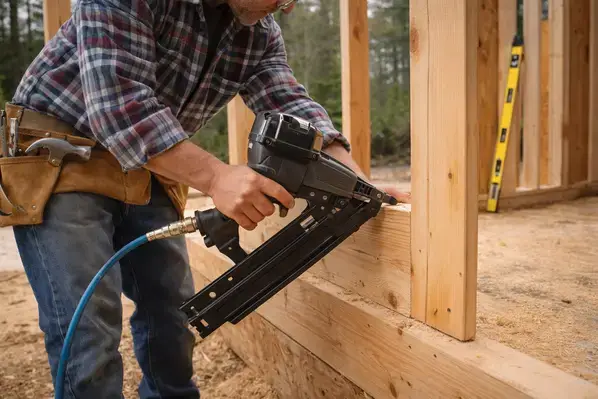 Carpenter framing a wall on a New Hampshire home construction project
