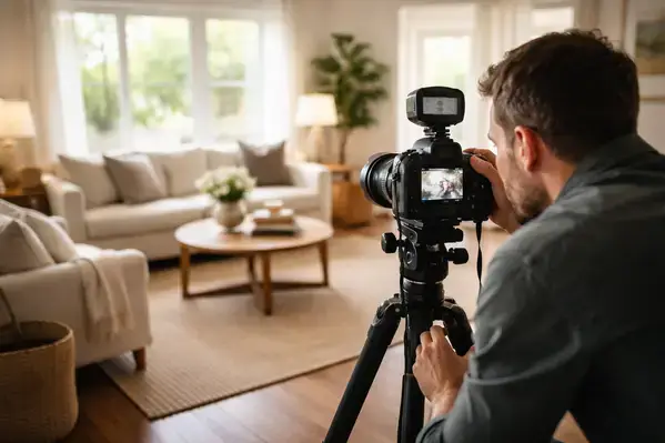 Professional real estate photographer taking listing photos of staged living room interior