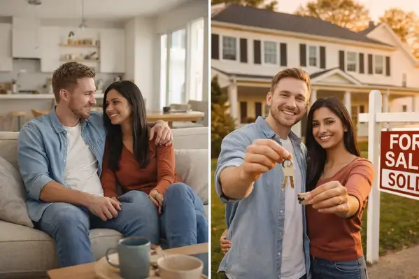 Couple comparing renting apartment versus buying home with keys in Boston