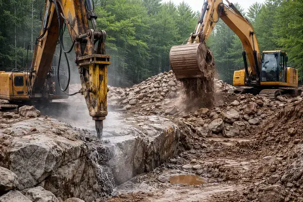 Site work excavation on rocky lot in New Hampshire
