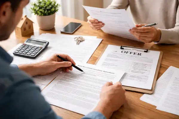 Home seller reviewing buyer offer documents and negotiating sale terms at table