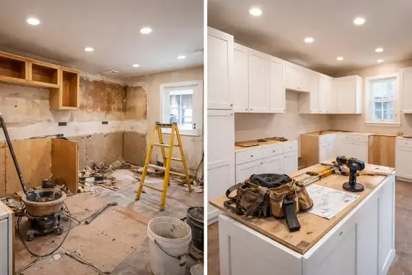 Kitchen renovation in progress for live-in flip strategy Boston home