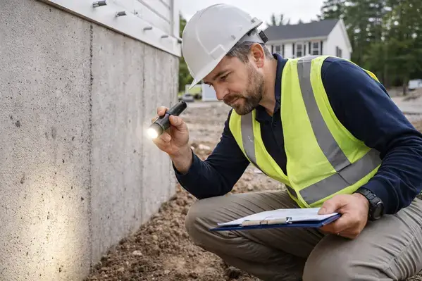 Home inspector examining foundation during due diligence NH