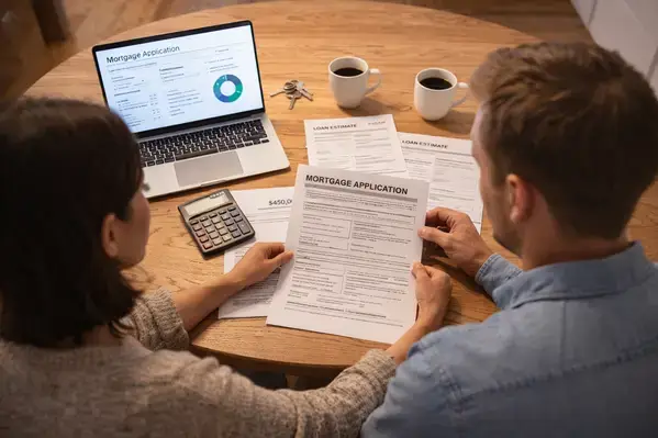 Couple reviewing mortgage documents for Greater Boston home purchase
